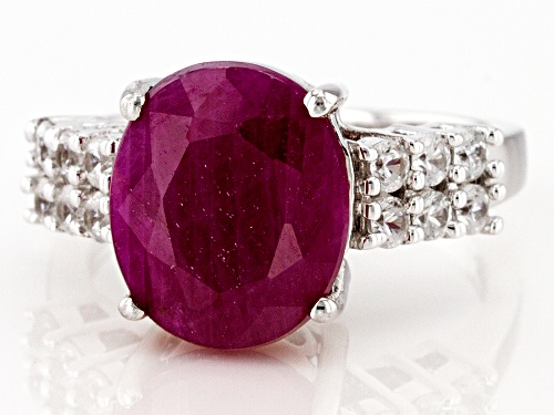 5.50ct Oval Indian Ruby With 0.79ctw White Zircon Rhodium Over Sterling Silver Ring - Size 9