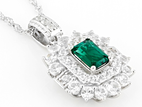0.70ct Lab Created Emerald With 1.38ctw Lab Created Sapphire Rhodium Over Silver Pendant Chain