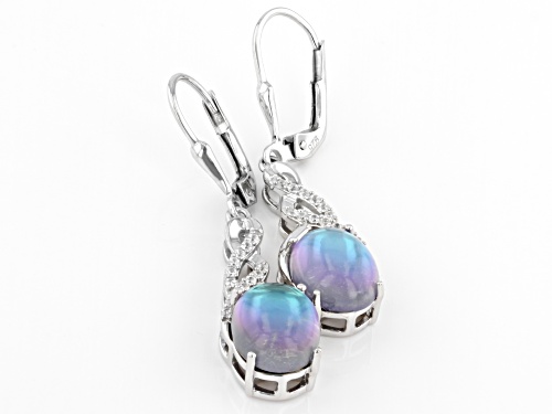 10x8mm Oval Aurora Moonstone With 0.22ctw White Zircon Rhodium Over Sterling Silver Earrings