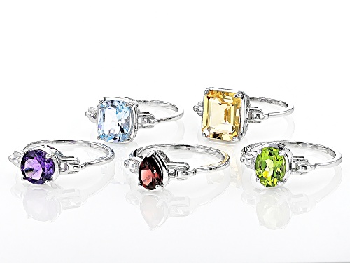 9.15ctw Multi Gemstone Rhodium Over Sterling Silver Ring Set of 5 - Size 9