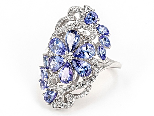 2.69ctw Mixed Shapes Tanzanite And 0.54ctw White Zircon Rhodium Over Sterling Silver Ring - Size 10