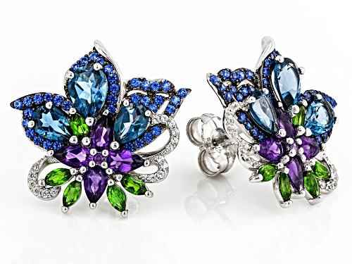 6.01ctw Mixed Shapes Multi-Gem With 0.20ctw White Zircon Rhodium Over Sterling Silver Earrings