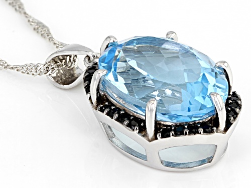 13.60ct Glacier Topaz™ and 0.41ctw Black Spinel Rhodium Over Sterling Silver Pendant With Chain