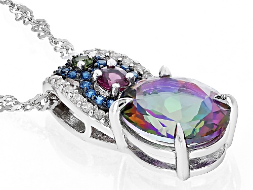 3.87ct Oval Mystic Fire® Green Topaz With 0.38ctw Multi Gem Rhodium Over Silver Pendant Chain
