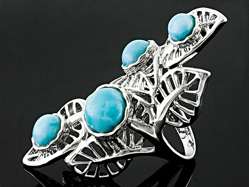 Round Cabochon Larimar Sterling Silver 4-Stone Leaf Ring - Size 6