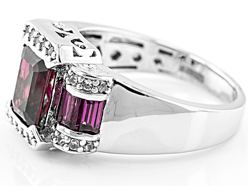 3.01ctw Emerald Cut And Baguette Raspberry color Rhodolite With .20ctw Zircon Silver Ring - Size 5