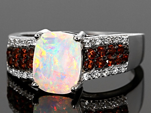 .97ct Ethiopian Opal, .21ctw Vermelho Garnet™, .11ctw White Zircon Silver Ring - Size 6