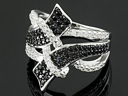 .40ctw Round Black Spinel And .29ctw Round White Zircon Sterling Silver Bypass Ring - Size 5