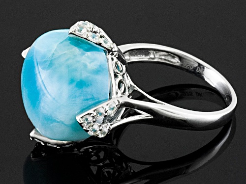 Round Cabochon Larimar With .30ctw Round White Zircon Sterling Silver Ring - Size 8