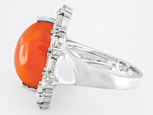 16x8mm Marquise Orange Cabochon Carnelian, 1.16ctw Ethiopian Opal, .09ctw White Zircon Silver Ring - Size 6