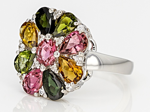 2.98ctw Multi-Tourmaline With .19ctw White Zircon Rhodium Over Sterling Silver Cluster Ring - Size 5