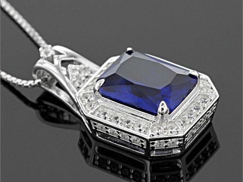 3.91ct Emerald Cut Lab Created Blue Spinel With .91ctw Round White Zircon Silver Pendant With Chain