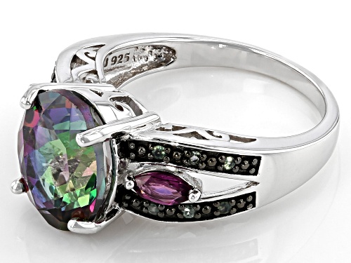 5.17ctw Mystic Fire® Green Topaz, Orissa Alexandrite and Rhodolite Rhodium Over Sterling Silver Ring - Size 9