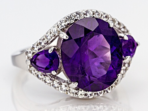 5.42CTW OVAL & PEAR SHAPE AFRICAN AMETHYST WITH .57CTW ZIRCON RHODIUM OVER SILVER RING - Size 8