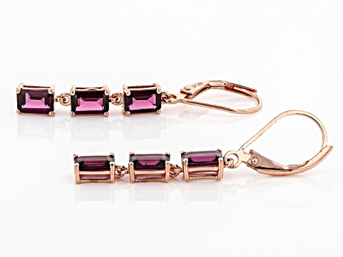 4.23ctw Emerald Cut Raspberry Color Rhodolite 18k Rose Gold Over Silver 3-Stone Earrings