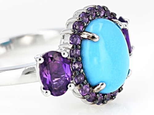 10X8mm cabochon Sleeping Beauty turquoise & 1.33ctw African amethyst rhodium over silver ring - Size 11