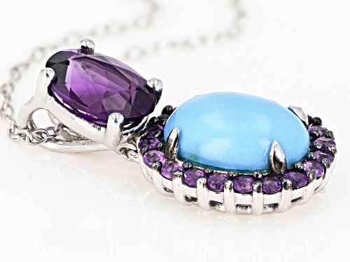 10X8mm oval Sleeping Beauty turquoise & 1.62ctw African amethyst rhodium over silver pendant w/chain
