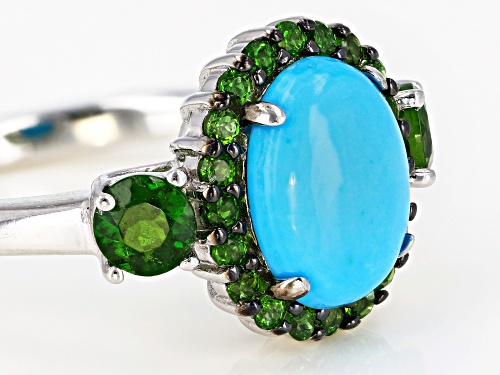 10X8mm Sleeping Beauty turquoise with .80ctw Russian chrome diopside rhodium over silver ring - Size 11