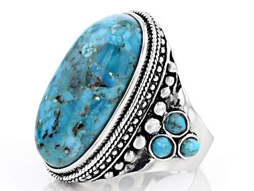27X14.5MM OVAL & 3.50MM ROUND TURQUOISE STERLING SILVER RING - Size 6