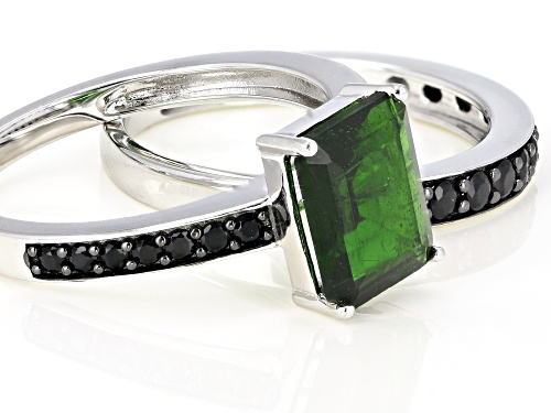 2.00ct emerald cut Russian chrome diopside & 1.12ctw black spinel rhodium over silver 2 ring set - Size 10