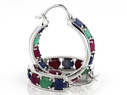 8.71ctw oval ruby, blue sapphire and Sakota emerald rhodium over silver inside/outside hoop earrings