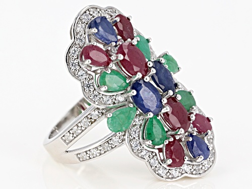 2.04ctw ruby, 1.53ctw blue sapphire, 1.28ctw emerald & .25ctw white zircon rhodium over silver ring - Size 7