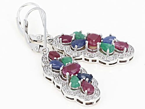 2.04ctw ruby, .85ctw emerald, 1.40ctw blue sapphire & white zircon rhodium over silver earrings
