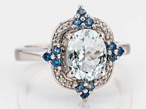 1.44ct Aquamarine with .30ctw London Blue Topaz and .07ctw White Zircon Rhodium Over Silver Ring - Size 9