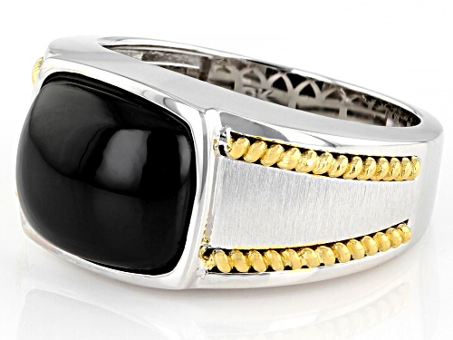 6.80ct Rectangular Cushion Black Spinel Rhodium and 18K Gold Over Silver Two-Tone Mens Ring - Size 9