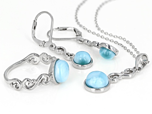 6mm and 8mm Round Larimar Rhodium Over Sterling Silver Ring, Earrings, and Pendant With Chain Set