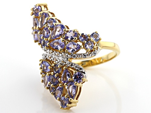 3.68ctw Mixed Shape Tanzanite With .17ctw Round Zircon 18k Gold Over Sterling Silver Bypass Ring - Size 6