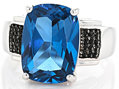 5.73ct lab created blue spinel with .14ctw round black spinel rhodium over sterling silver ring - Size 6