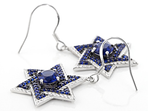 2.42ctw Round Lab Created Blue Spinel Rhodium Over Sterling Silver Star of David Dangle Earrings
