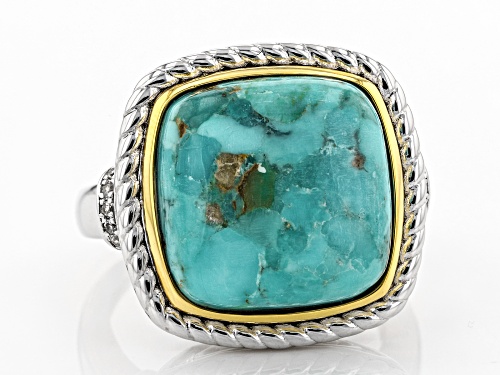 14mm Turquoise, .08ctw White Zircon Rhodium Over Silver & 14k Gold Over Silver Two Tone Ring - Size 6