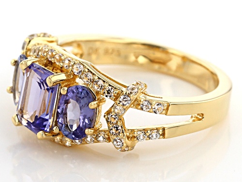 1.00ct Emerald Cut & .77ctw Oval Tanzanite, .38ctw Zircon 18k Yellow Gold Over Silver Ring - Size 8