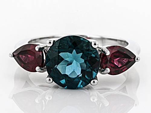 3.15CT ROUND TEAL FLUORITE, 1.46CTW PEAR SHAPE RASPBERRY COLOR RHODOLITE RHODIUM OVER SILVER RING - Size 6