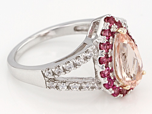 2.10ctw Morganite With Round Pink Tourmaline And White Zircon Sterling Silver Ring - Size 10
