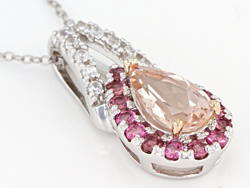 1.69ctw Pear Shape Morganite With Round White Zircon And Pink Tourmaline Silver Pendant With Chain