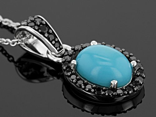 10x8mm Oval Sleeping Beauty Turquoise And .64ctw Black Spinel Sterling Silver Pendant With Chain