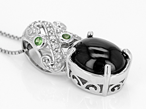 7.00ct Oval Black Spinel, .13ctw Mint Tsavorite And .16ctw White Zircon Silver Pendant With Chain