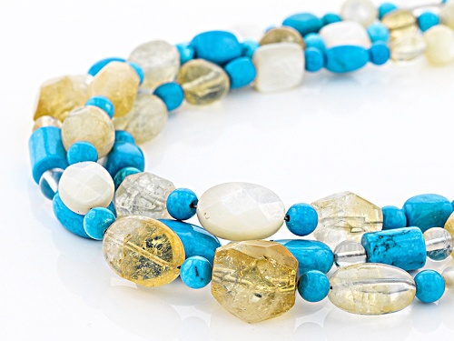 Mixed Shape Blue Magnesite, Mother Of Pearl, And Citrine Sterling Silver 3 Strand Bead Necklace - Size 18
