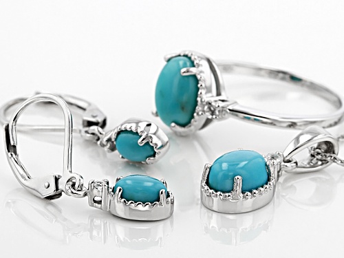Sleeping Beauty Turquoise And .16ctw White Topaz Rhodium Over Silver Ring, Pendant, And Earring Set
