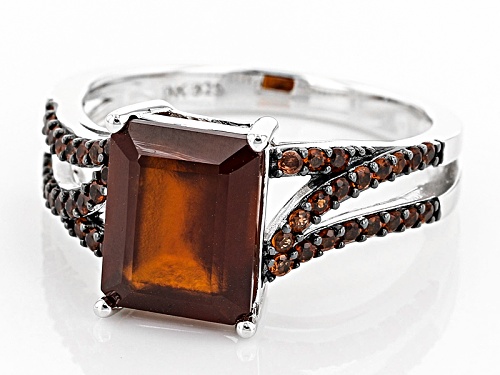 4.08ct Emerald Cut Hessonite And 1.02ctw Round Vermelho Garnet™ Silver Ring - Size 6
