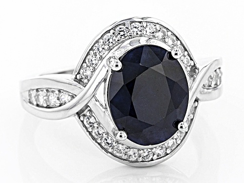 2.72ct Oval Blue Sapphire With .31ctw Round White Zircon Sterling Silver Ring - Size 12