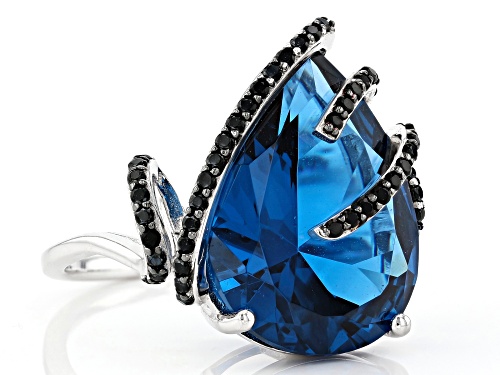 14.14ct Pear Shape Lab Created Blue Spinel & .52ctw Round Black Spinel Rhodium Over Silver Ring - Size 5