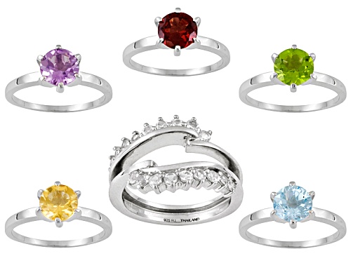 Multi Gem 7.86ctw Round Sterling Silver Set Of 5 Rings With Guard - Size 11
