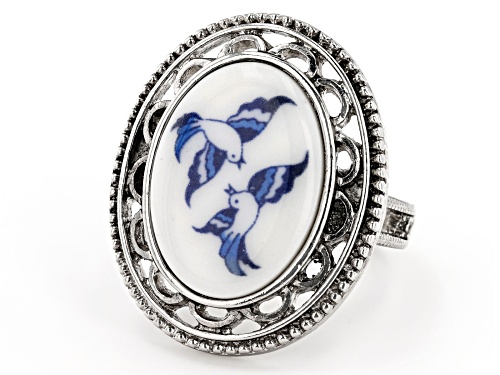 1928 Jewelry® Oval Blue Willow Porcelain Antiqued Silver-Tone Ring - Size 8