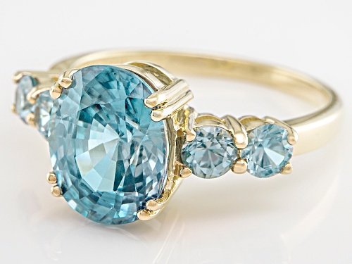4.35ctw Oval And Round Blue Zircon 14k Yellow Gold Ring - Size 12