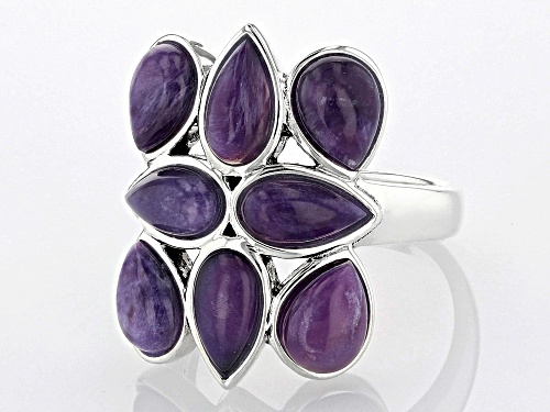 Pear-shaped Cabochon Charoite Rhodium Over Sterling Silver Ring - Size 7