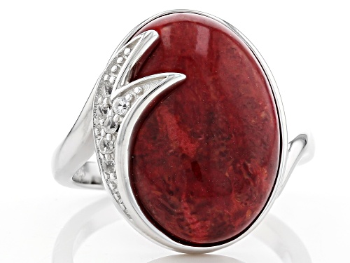 18x13mm Oval Coral With 0.14ctw Round White Zircon Rhodium Over Sterling Silver Ring - Size 7